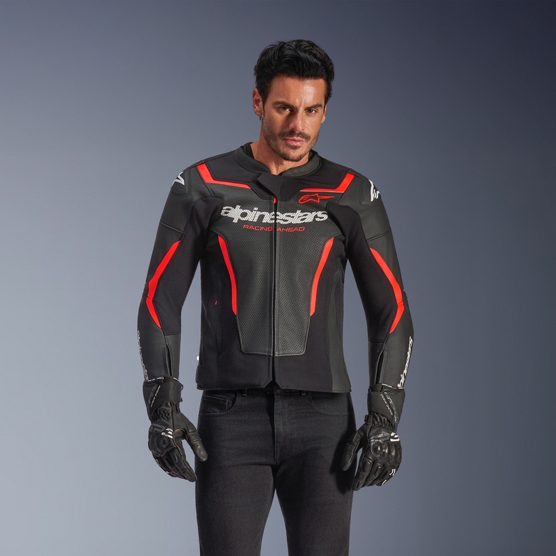 Кожено мотоциклетно яке Alpinestars GP Force V2 Airflow, черно-флуоресцентно червено-бяло