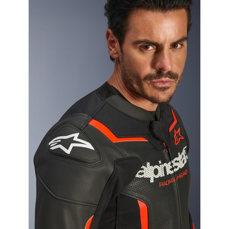 Кожено мотоциклетно яке Alpinestars GP Force V2 Airflow, черно-флуоресцентно червено-бяло