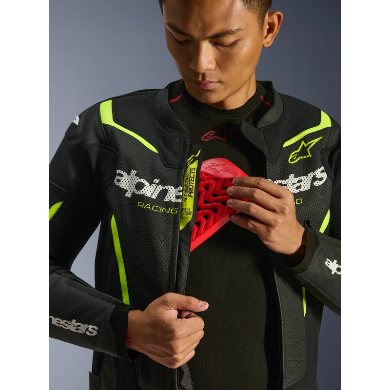 Кожено мотоциклетно яке Alpinestars GP Force V2 Airflow, черно-флуоресцентно жълто