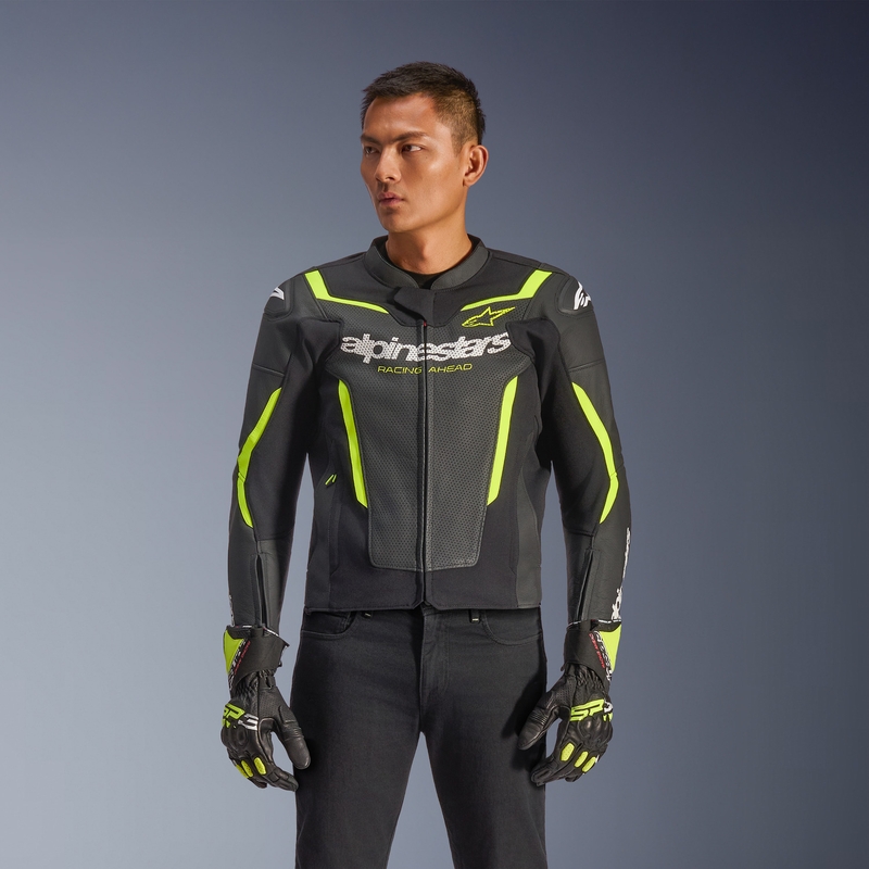 Кожено мотоциклетно яке Alpinestars GP Force V2 Airflow, черно-флуоресцентно жълто