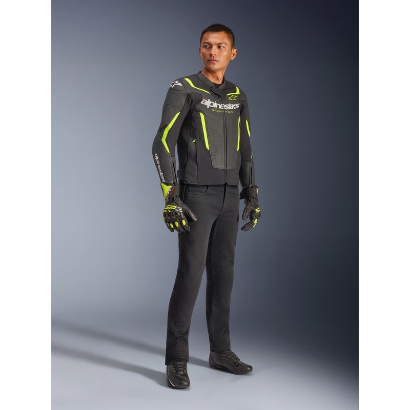 Кожено мотоциклетно яке Alpinestars GP Force V2 Airflow, черно-флуоресцентно жълто