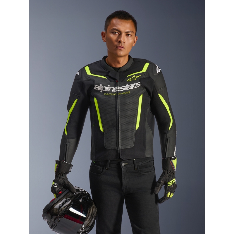 Кожено мотоциклетно яке Alpinestars GP Force V2 Airflow, черно-флуоресцентно жълто