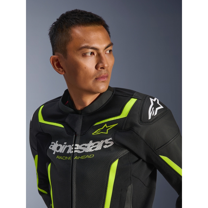 Кожено мотоциклетно яке Alpinestars GP Force V2 Airflow, черно-флуоресцентно жълто