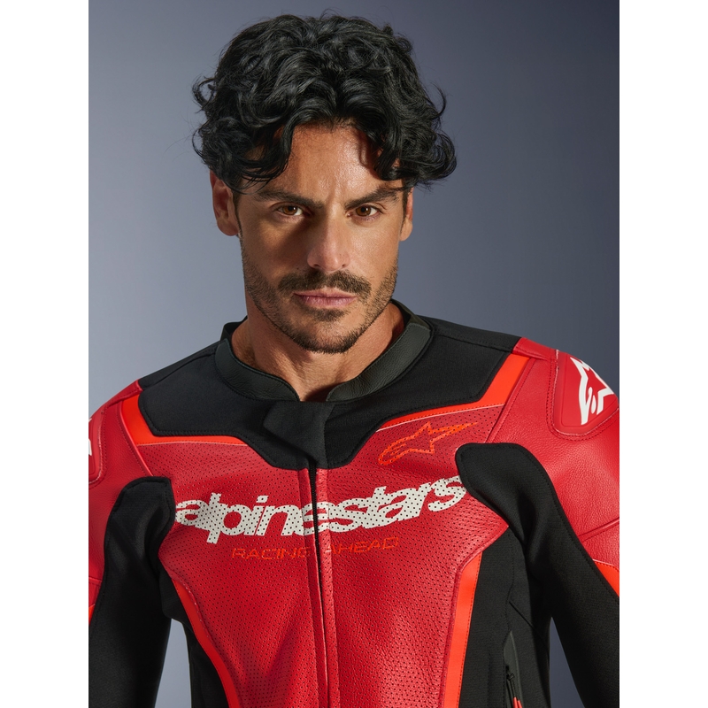 Кожено мотоциклетно яке Alpinestars GP Force V2 Airflow, флуоресцентно червено-черно-бяло