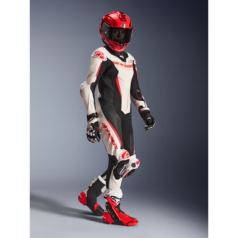 Дамски едноделен кожен мотоциклетен костюм Alpinestars Stella GP-R7 бяло-флуоресцентно червено-черно