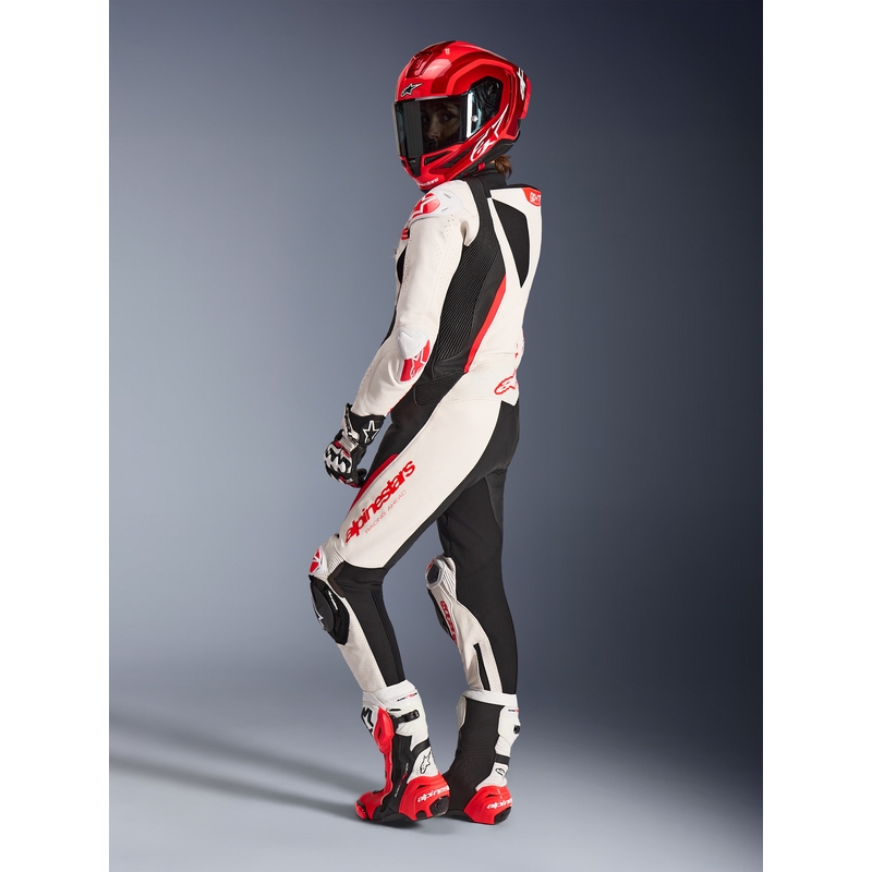 Дамски едноделен кожен мотоциклетен костюм Alpinestars Stella GP-R7 бяло-флуоресцентно червено-черно