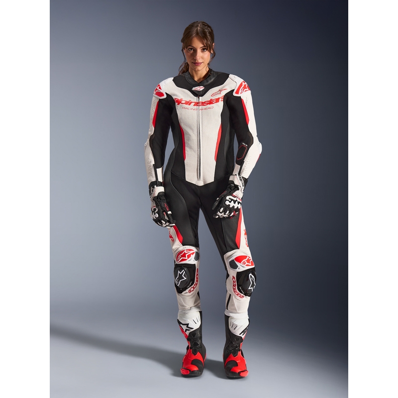 Дамски едноделен кожен мотоциклетен костюм Alpinestars Stella GP-R7 бяло-флуоресцентно червено-черно