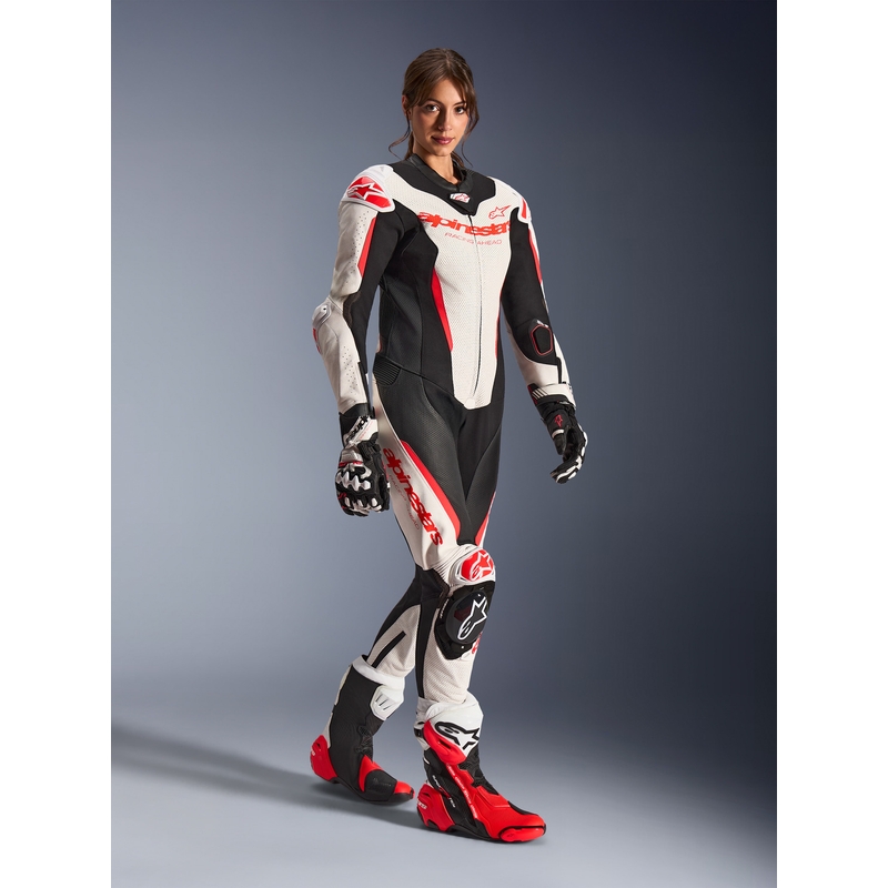 Дамски едноделен кожен мотоциклетен костюм Alpinestars Stella GP-R7 бяло-флуоресцентно червено-черно