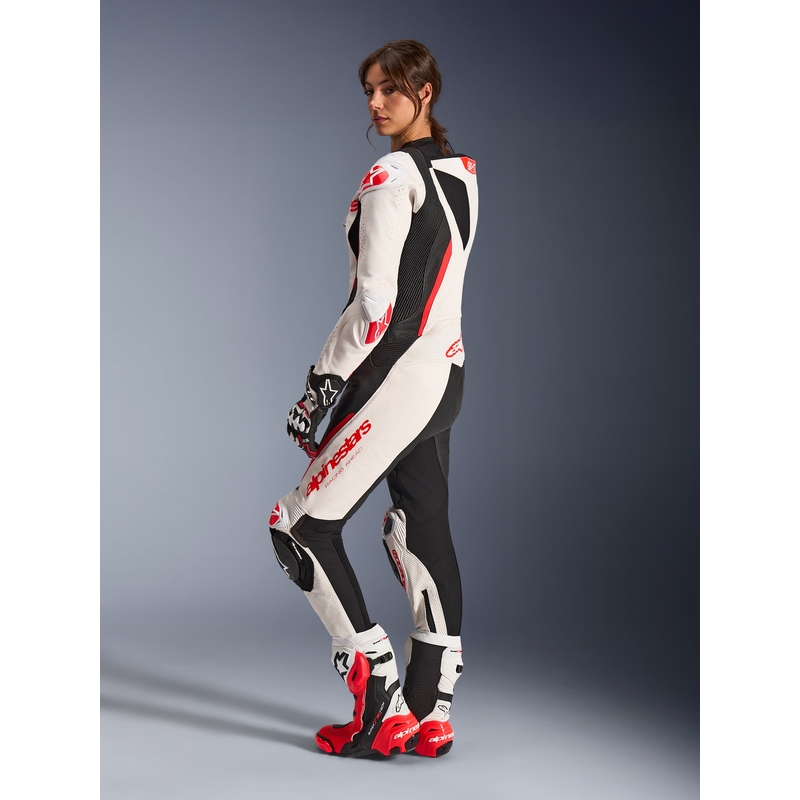Дамски едноделен кожен мотоциклетен костюм Alpinestars Stella GP-R7 бяло-флуоресцентно червено-черно