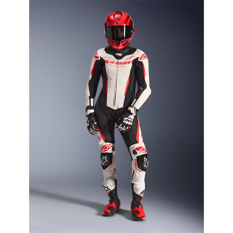 Дамски едноделен кожен мотоциклетен костюм Alpinestars Stella GP-R7 бяло-флуоресцентно червено-черно