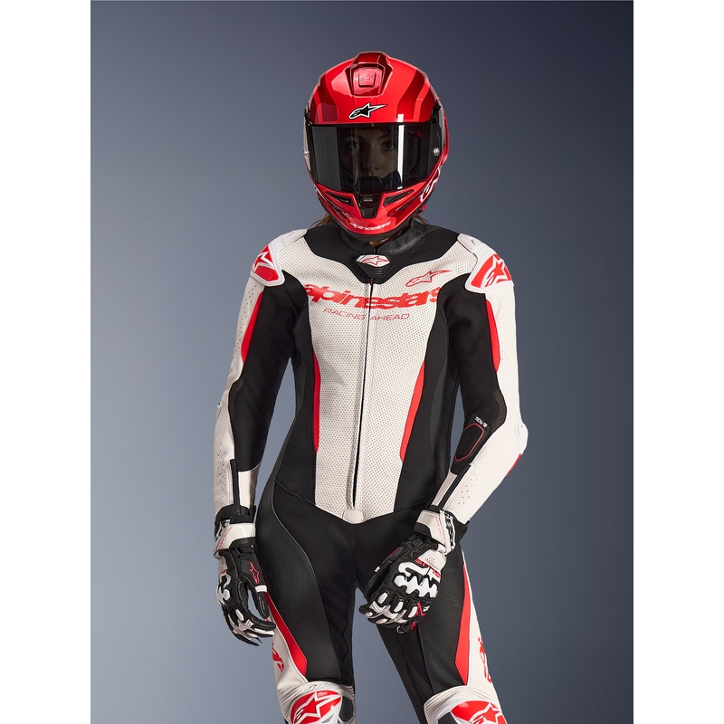 Дамски едноделен кожен мотоциклетен костюм Alpinestars Stella GP-R7 бяло-флуоресцентно червено-черно