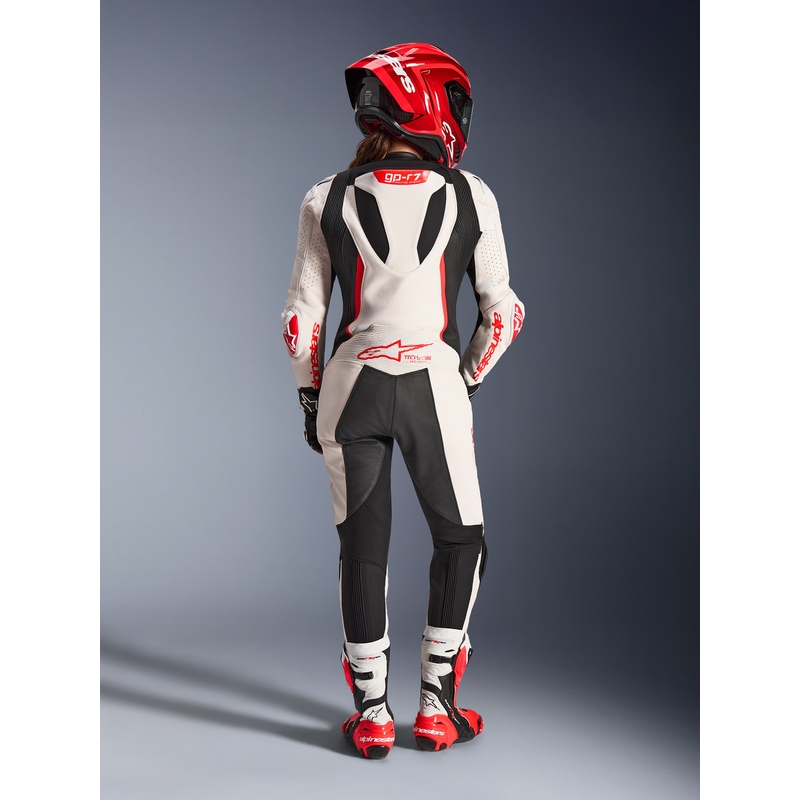 Дамски едноделен кожен мотоциклетен костюм Alpinestars Stella GP-R7 бяло-флуоресцентно червено-черно