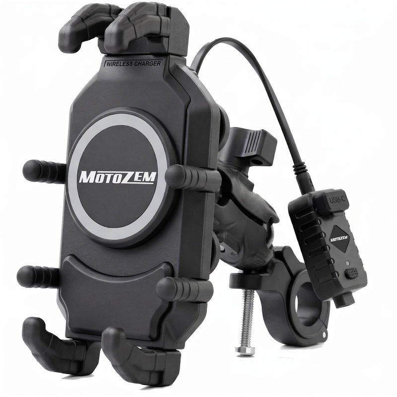 MotoZem Claw PRO антивибрационен държач с безжично зарядно устройство и USB-C порт, черен