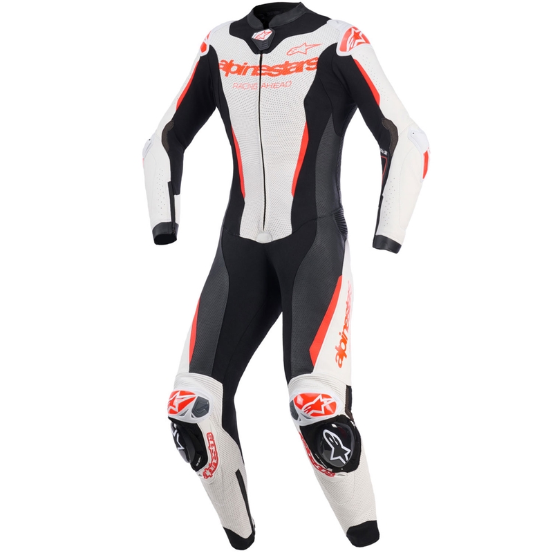 Дамски едноделен кожен мотоциклетен костюм Alpinestars Stella GP-R7 бяло-флуоресцентно червено-черно