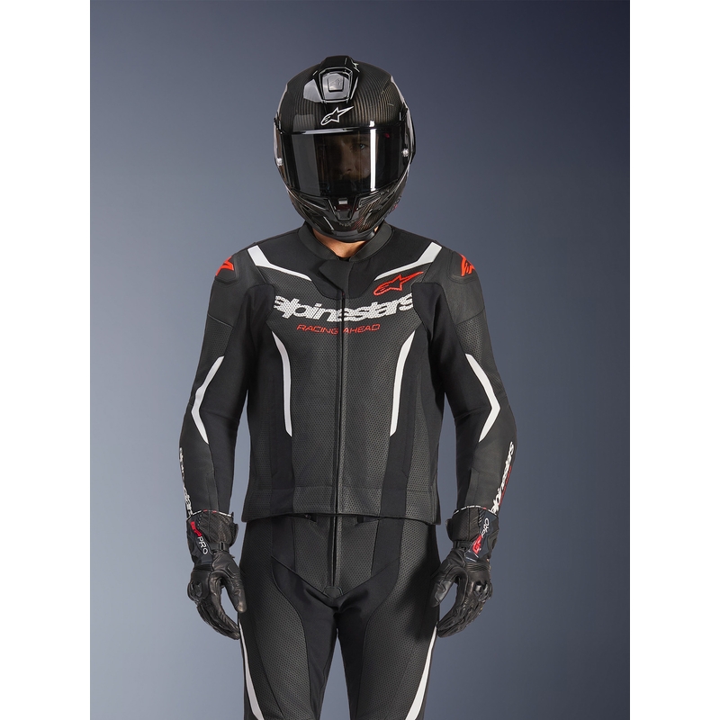 Кожен костюм Alpinestars GP Force V2 от две части, черно-бяло-флуоресцентно червено