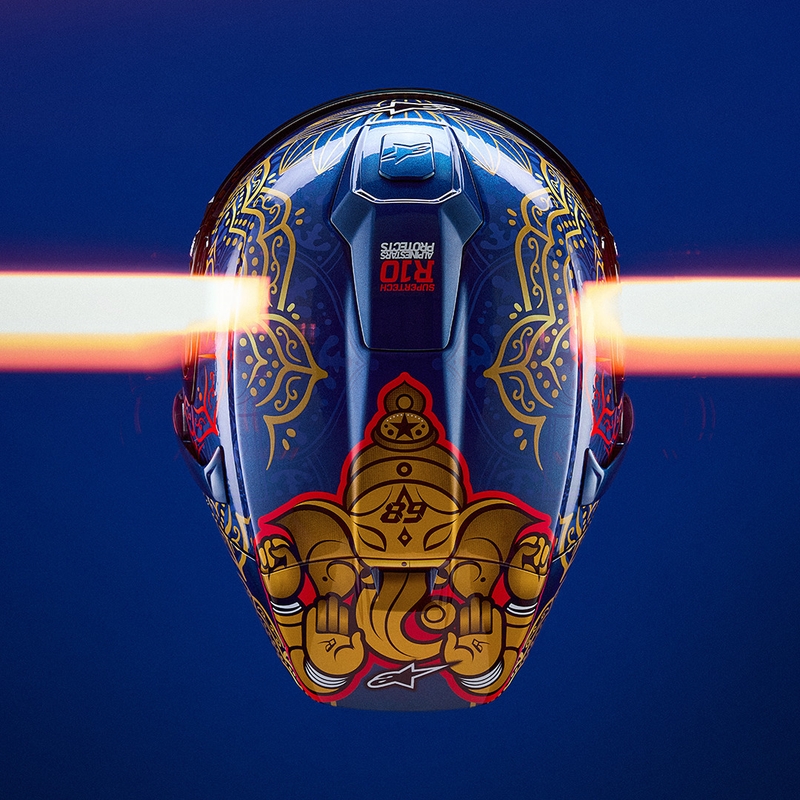 Мотоциклетна каска с пълно лице Alpinestars Supertech R10 Marthainator limited edition JORGE MARTIN син перлен златен червен