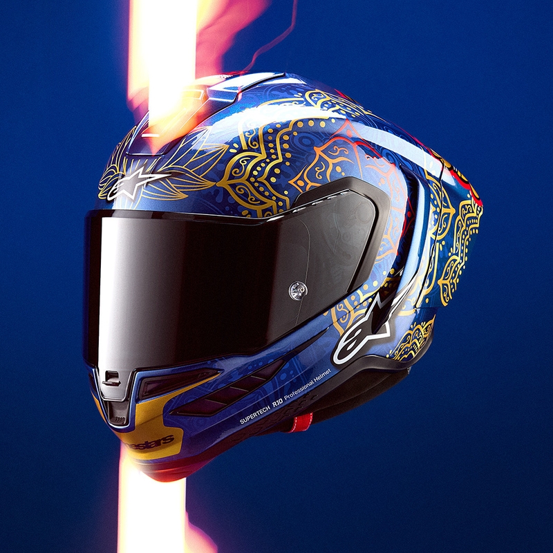 Мотоциклетна каска с пълно лице Alpinestars Supertech R10 Marthainator limited edition JORGE MARTIN син перлен златен червен