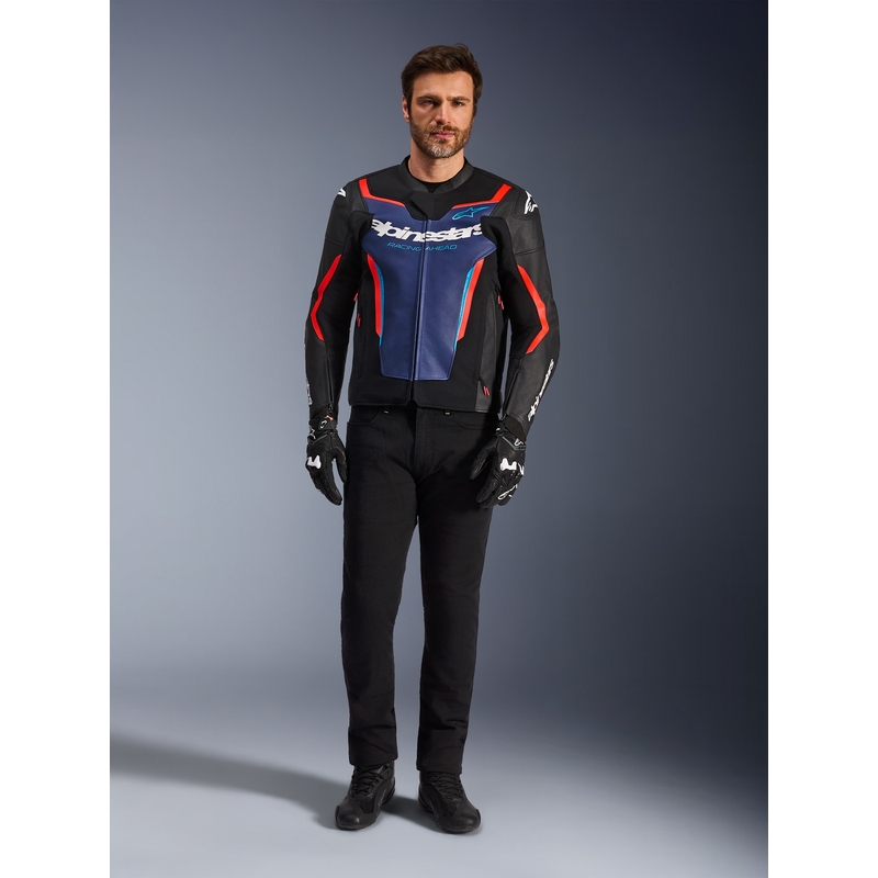 Кожено мотоциклетно яке Alpinestars GP Force V2, черно-синьо-флуоресцентно червено