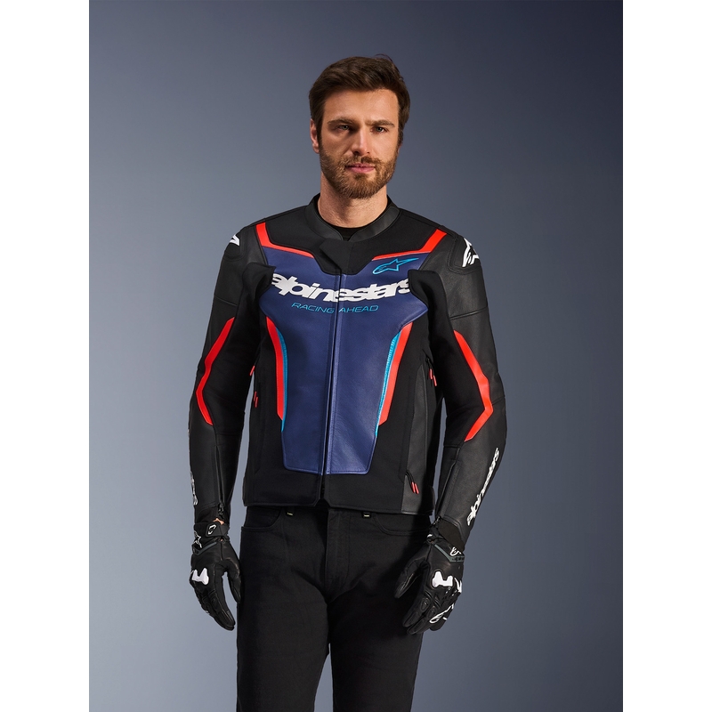 Кожено мотоциклетно яке Alpinestars GP Force V2, черно-синьо-флуоресцентно червено