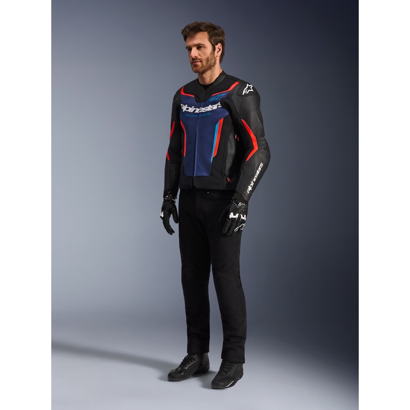 Кожено мотоциклетно яке Alpinestars GP Force V2, черно-синьо-флуоресцентно червено