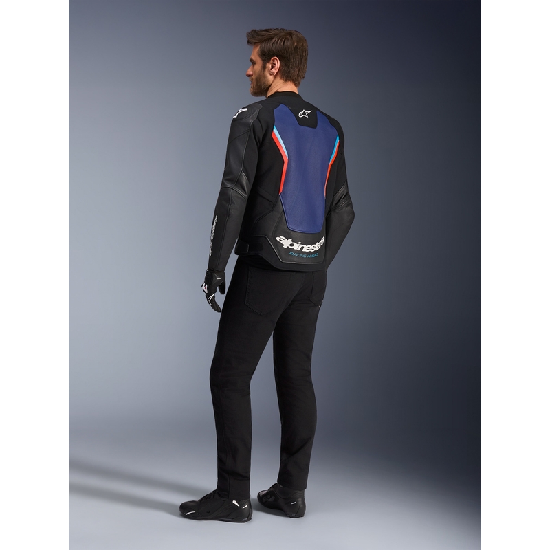 Кожено мотоциклетно яке Alpinestars GP Force V2, черно-синьо-флуоресцентно червено