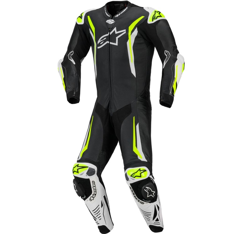 Кожен мотоциклетен костюм Alpinestars GP TECH V5, черно-бяло-флуоресцентно жълто