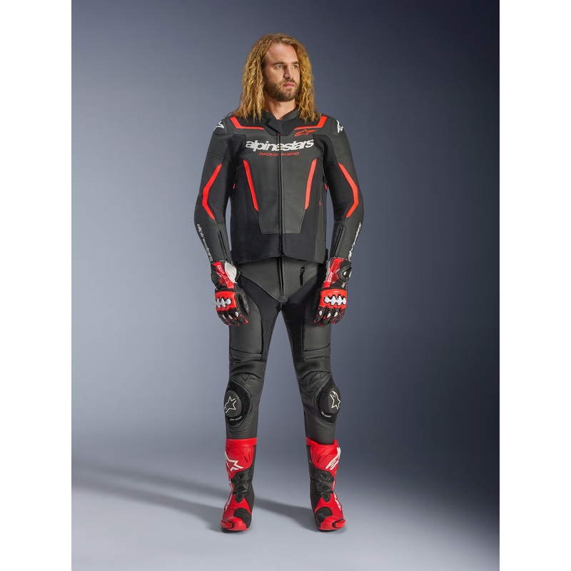 Кожено мотоциклетно яке Alpinestars GP Force V2, черно-флуоресцентно червено-бяло