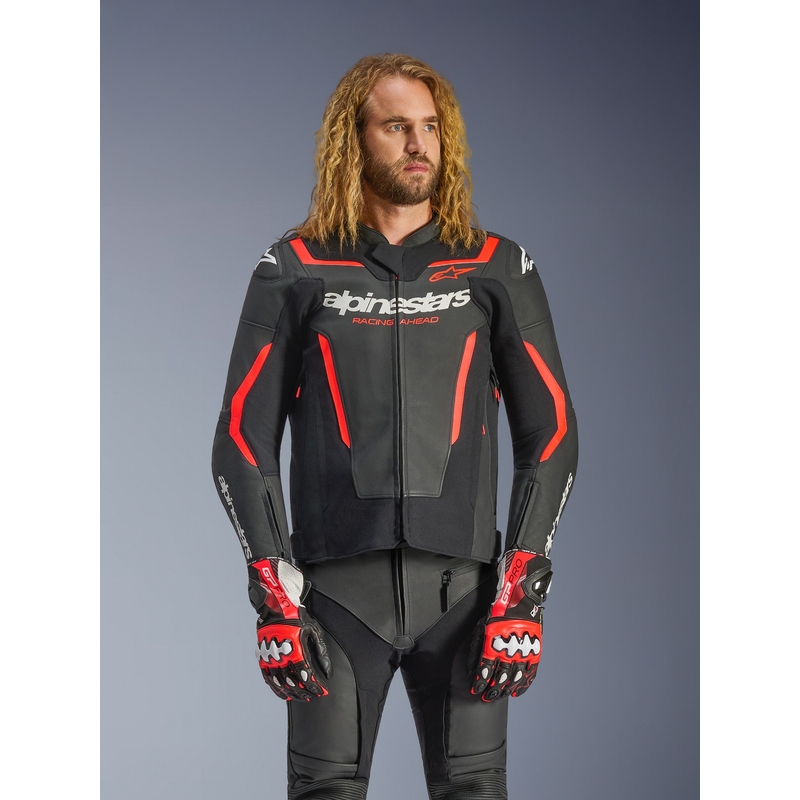 Кожено мотоциклетно яке Alpinestars GP Force V2, черно-флуоресцентно червено-бяло