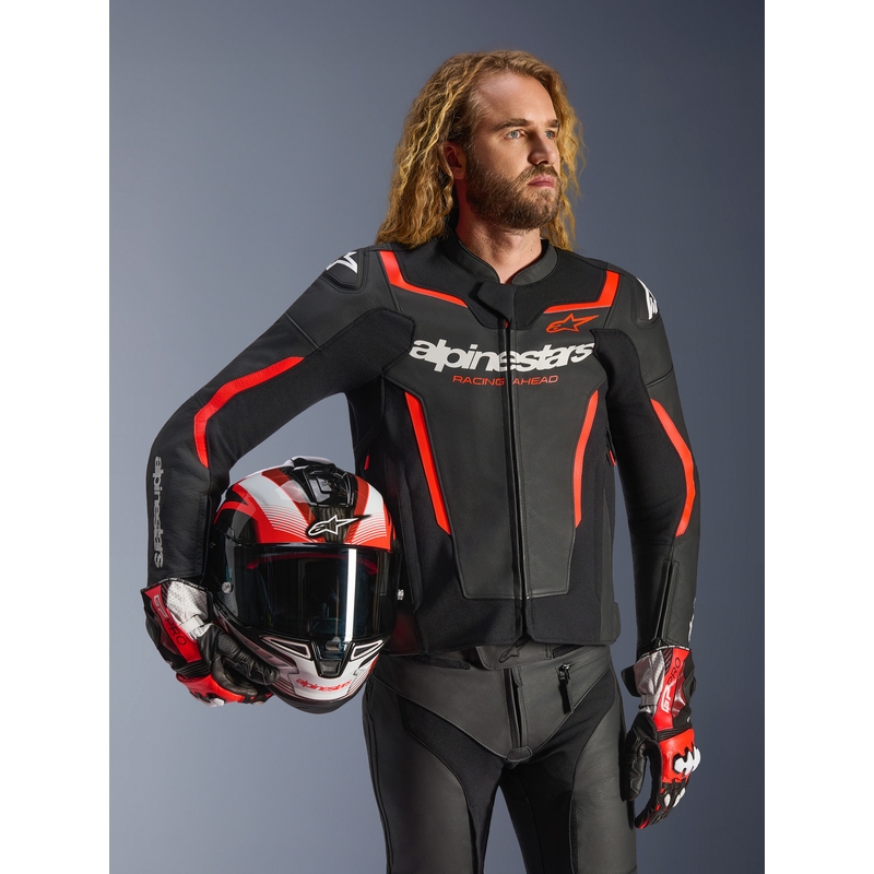 Кожено мотоциклетно яке Alpinestars GP Force V2, черно-флуоресцентно червено-бяло