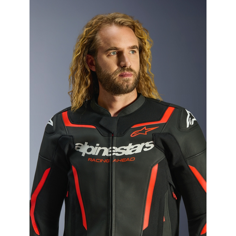 Кожено мотоциклетно яке Alpinestars GP Force V2, черно-флуоресцентно червено-бяло