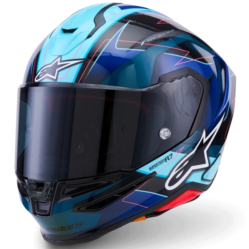 Alpinestars S-R7 Kinetis каска за мотоциклет с пълно лице, черно-синьо-флуоресцентно розово-бяло