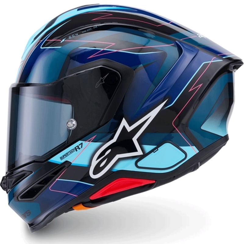 Alpinestars S-R7 Kinetis каска за мотоциклет с пълно лице, черно-синьо-флуоресцентно розово-бяло
