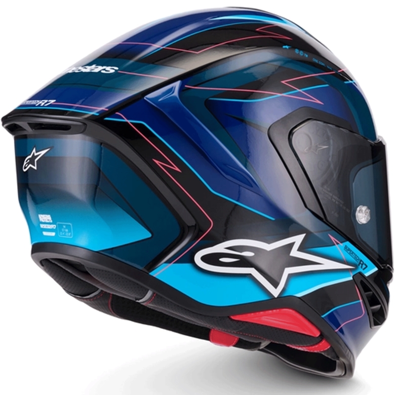 Alpinestars S-R7 Kinetis каска за мотоциклет с пълно лице, черно-синьо-флуоресцентно розово-бяло