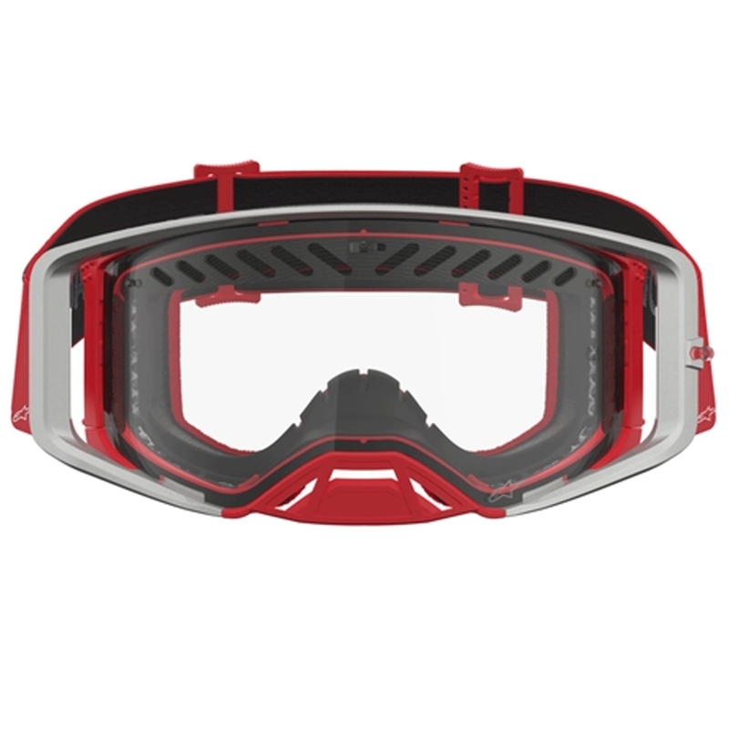 Мотокрос очила Alpinestars Supertech Dura Air Fluid червено-сребристи с прозрачен плексиглас