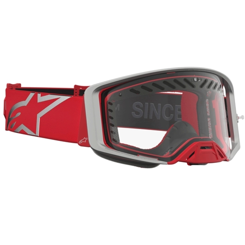 Мотокрос очила Alpinestars Supertech Dura Air Fluid червено-сребристи с прозрачен плексиглас