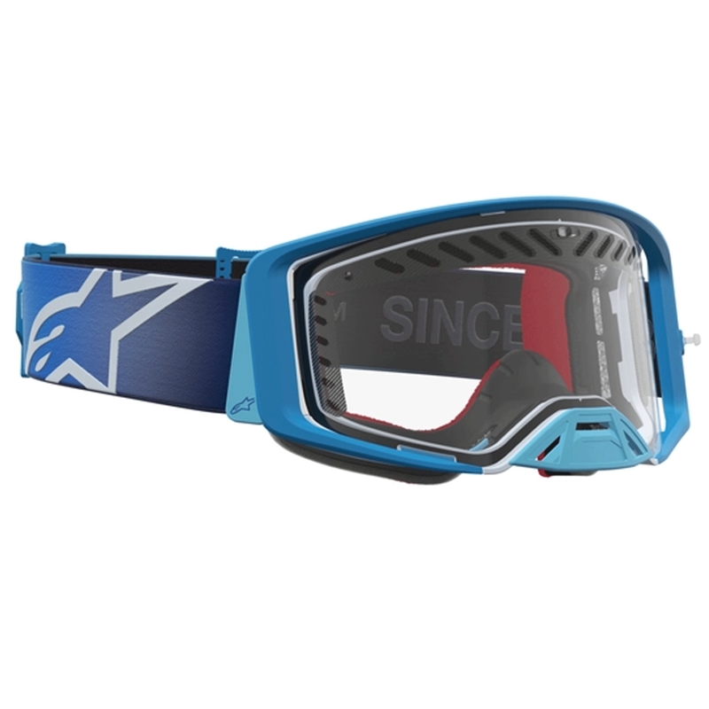 Мотокрос очила Alpinestars Supertech Dura Air Fluid в синьо-сребристо с прозрачен плексиглас