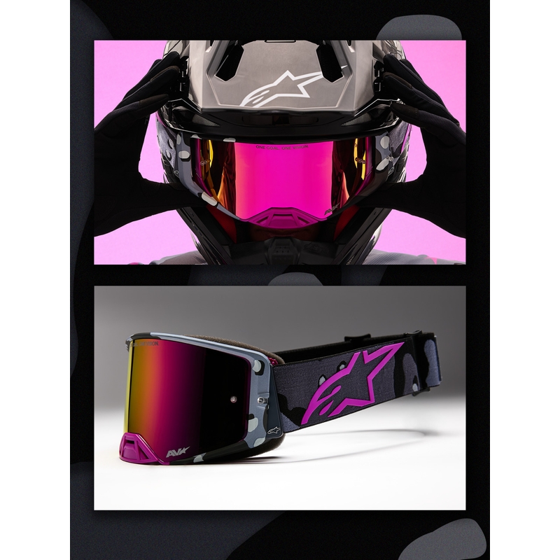 Мотокрос очила Alpinestars Supertech Lone в лилаво камуфлажно покритие с огледално-розов плексиглас