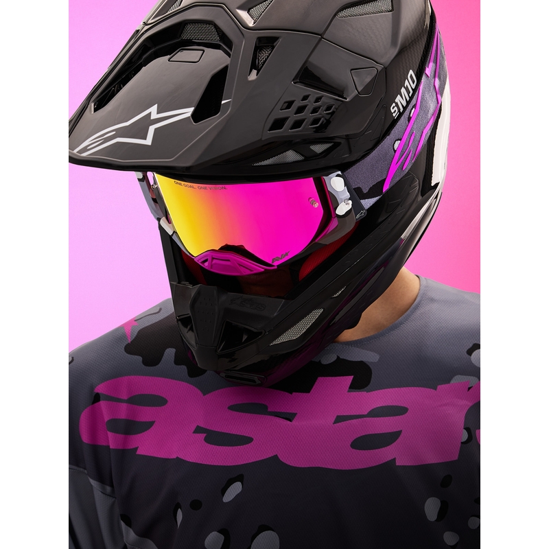 Мотокрос очила Alpinestars Supertech Lone в лилаво камуфлажно покритие с огледално-розов плексиглас