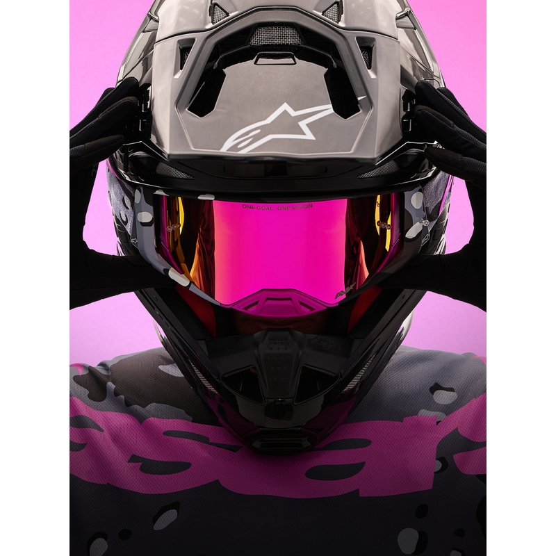 Мотокрос очила Alpinestars Supertech Lone в лилаво камуфлажно покритие с огледално-розов плексиглас