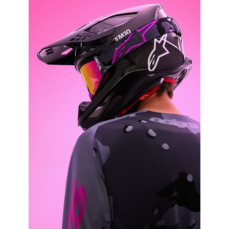 Мотокрос очила Alpinestars Supertech Lone в лилаво камуфлажно покритие с огледално-розов плексиглас