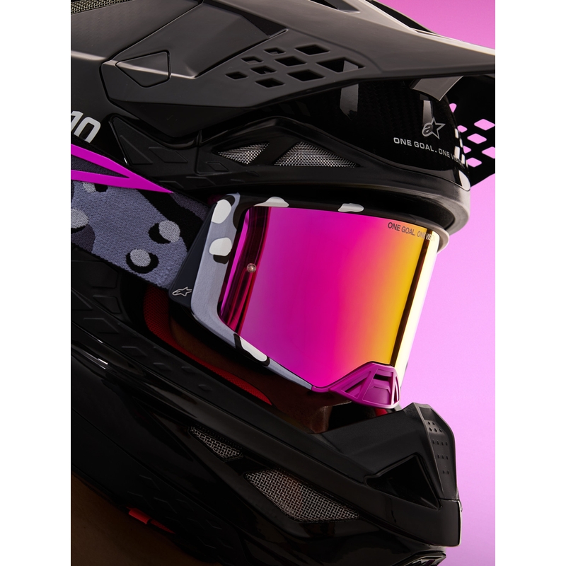 Мотокрос очила Alpinestars Supertech Lone в лилаво камуфлажно покритие с огледално-розов плексиглас