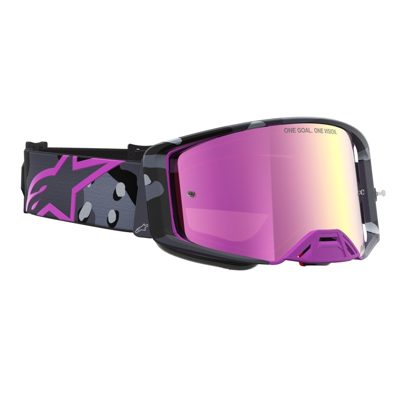 Мотокрос очила Alpinestars Supertech Lone в лилаво камуфлажно покритие с огледално-розов плексиглас