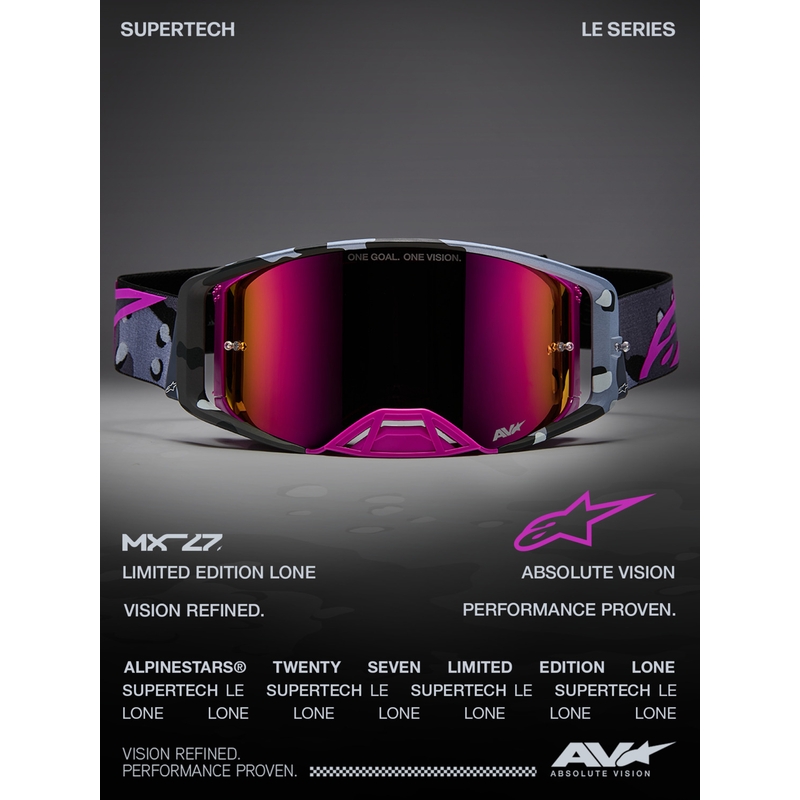 Мотокрос очила Alpinestars Supertech Lone в лилаво камуфлажно покритие с огледално-розов плексиглас