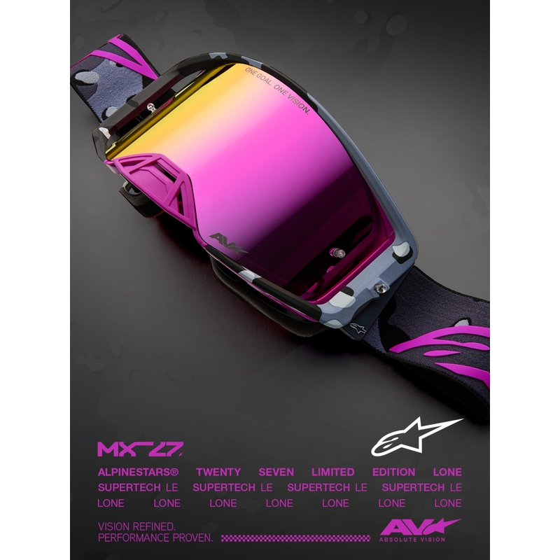 Мотокрос очила Alpinestars Supertech Lone в лилаво камуфлажно покритие с огледално-розов плексиглас