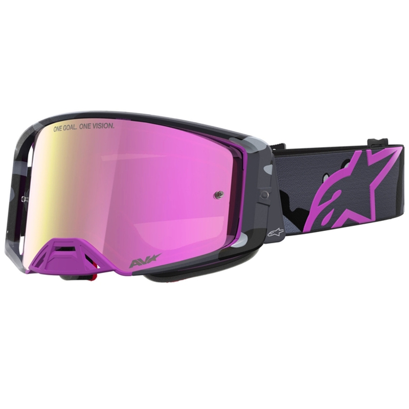 Мотокрос очила Alpinestars Supertech Lone в лилаво камуфлажно покритие с огледално-розов плексиглас