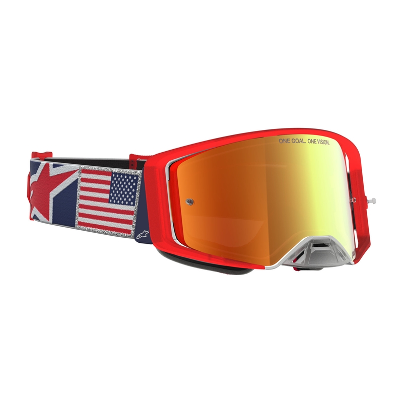 Мотокрос очила Alpinestars Supertech Fiftyfold, синьо-червено-бели с огледален червен плексиглас