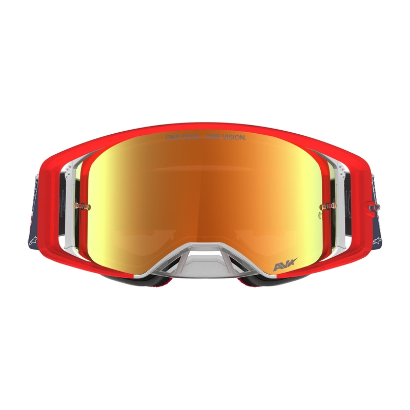 Мотокрос очила Alpinestars Supertech Fiftyfold, синьо-червено-бели с огледален червен плексиглас