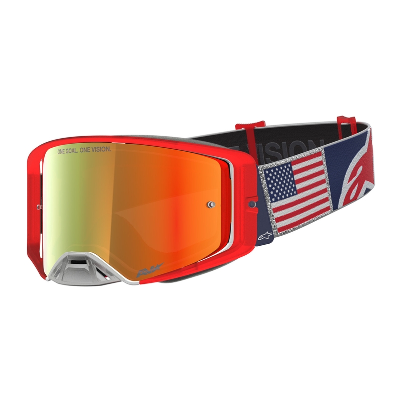 Мотокрос очила Alpinestars Supertech Fiftyfold, синьо-червено-бели с огледален червен плексиглас
