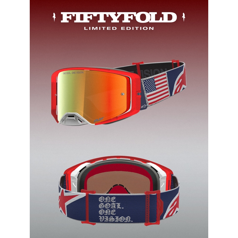 Мотокрос очила Alpinestars Supertech Fiftyfold, синьо-червено-бели с огледален червен плексиглас