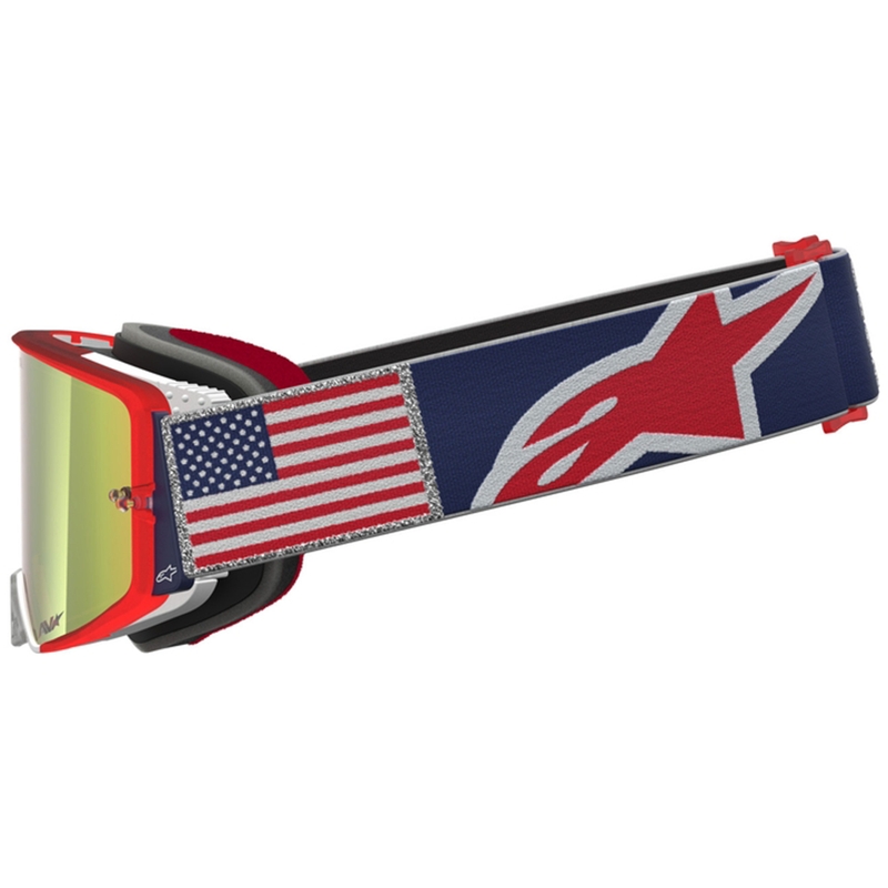 Мотокрос очила Alpinestars Supertech Fiftyfold, синьо-червено-бели с огледален червен плексиглас